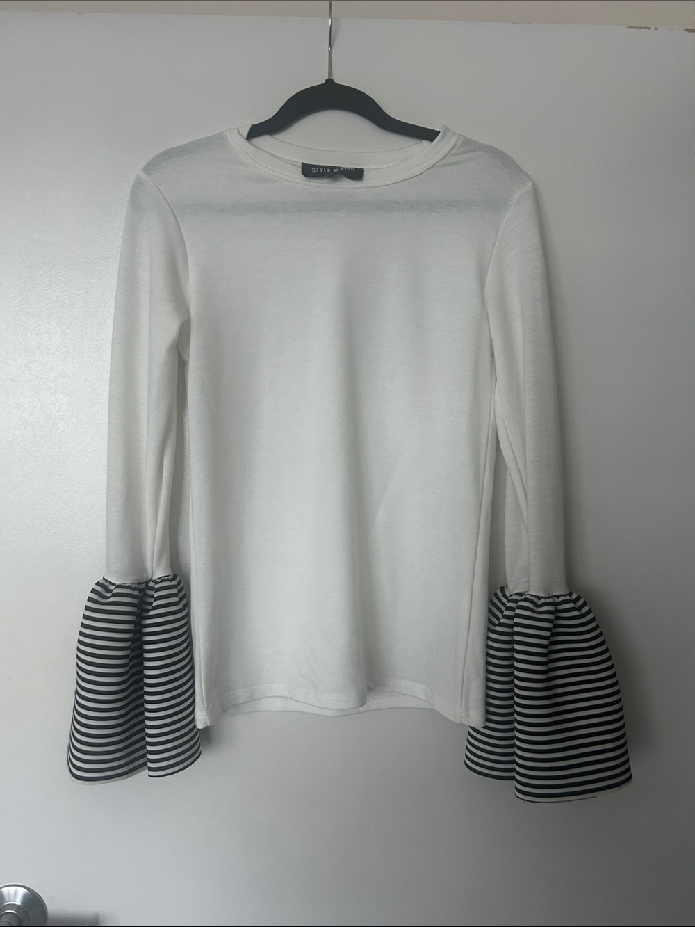 Style Mafia White Long-Sleeve Tee with Black Striped Bell Cuffs